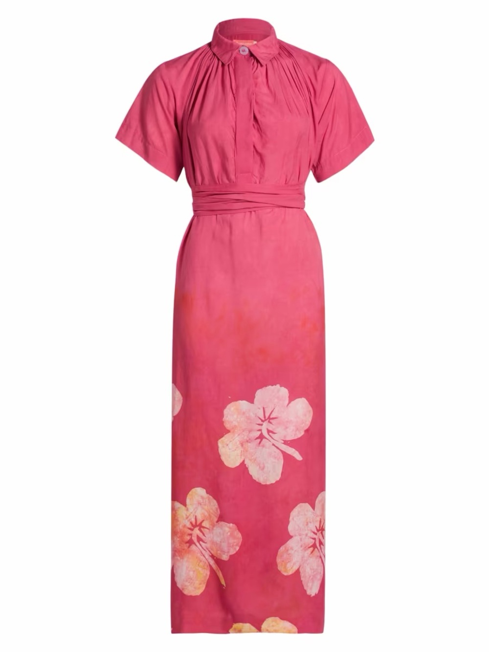 Elisamama Issa Floral Cotton Belted A-Line Midi Dress Pink Magenta Hibiscus Sm